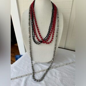 Set of five red gray and black old lady style necklaces
